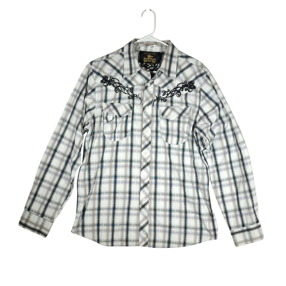 Seven Souls Mens XL White Plaid Embroidered Western‎ Button Up Shirt